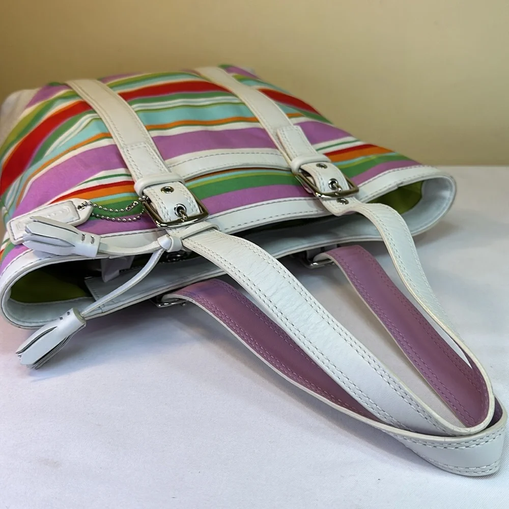 Coach Y2K Hampton Multi color striped fabric and leather tote 2007 - Picture 9 of 15